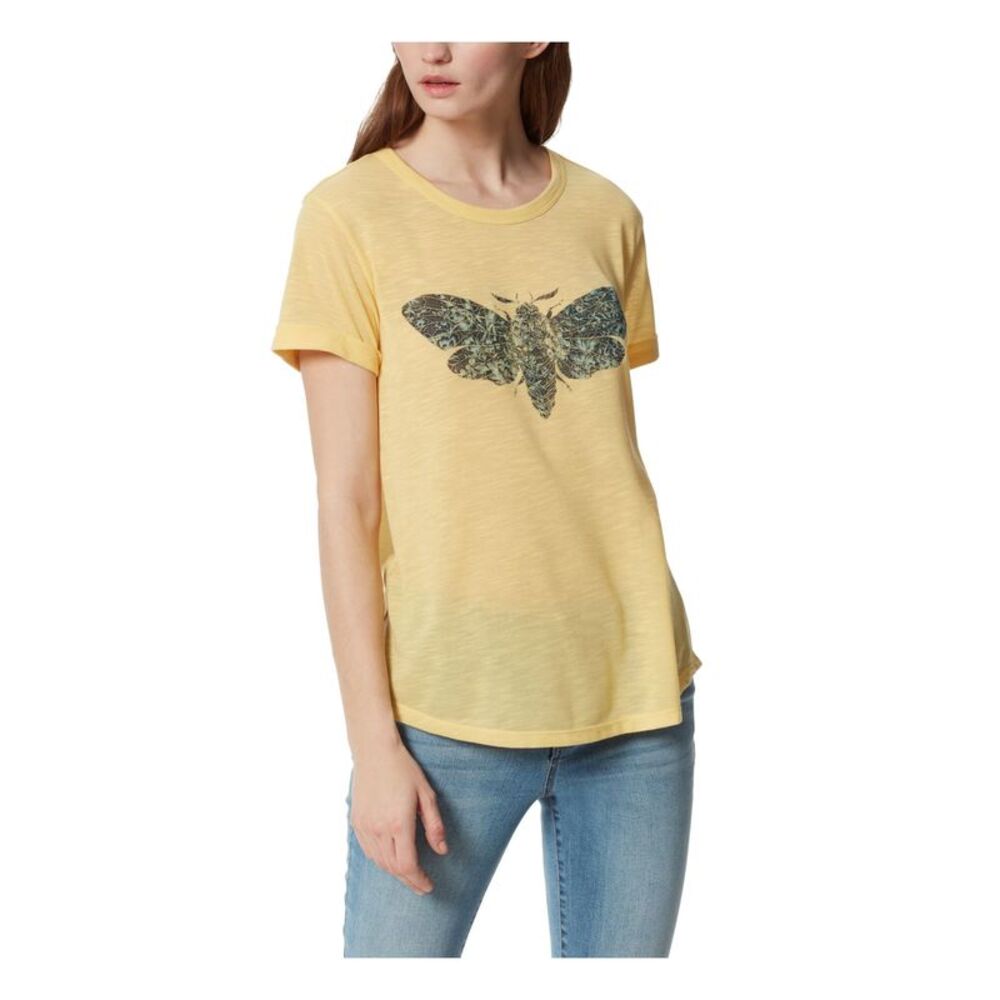 JEANS Womens Yellow Curved Hem Rolled Cuffs Short Sleeve Crew Neck T-Shirt S - Picture 1 of 1